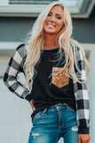 Plaid Splicing Sequined Pocket Long Sleeve Top