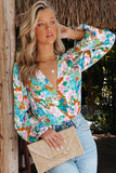 Sky Blue Floral Print Wrap Long Sleeve Bodysuit
