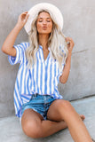 V Neck Stripes Roll up Sleeve Button Shirt