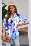 Tie Dye Button Tab-Sleeve V-Neck Blouse