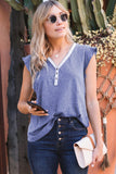 V Neck Buttoned Lace Trim Short Sleeve Tee