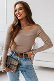 Khaki Ribbed Knit Long Sleeve Off Shoulder Top