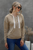 Kangaroo Pocket Button Lace Drawstring Hooded Pullover Sweater