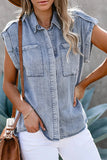 Rolled Sleeve Buttoned Denim Shirt with Pocket