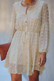 Beige Swiss Dot Buttoned Drawstring Long Puff Sleeve Shirt Dress