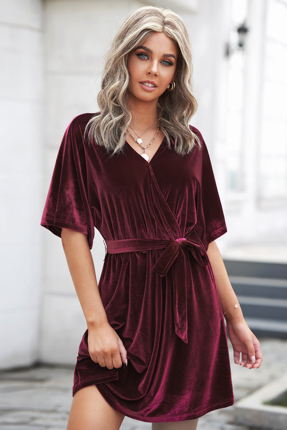 Burgundy V-neck Half Sleeve Velvet Mini Dress with Belt