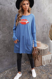 Oversize Zipped Red Lips Long Sleeve Top with Pockets
