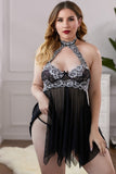 Plus Size Halter Neck Lace Mesh Backless Babydoll with Thong