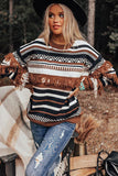 color Round Neck Striped Sweater with Fringe