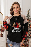 Christmas Graphic Print Sequin Plaid Splicing Sweatshirt