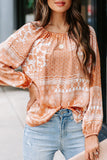 Boho Printed Drawstring Round Neck Blouse