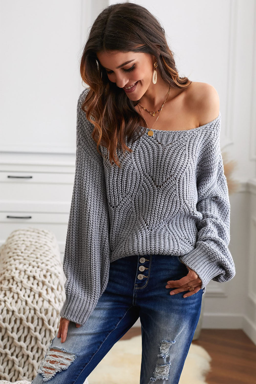 Hollow-out Round Neck Knitted Sweater