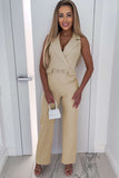 Lapel Wrapped Sleeveless High Waist Jumpsuit with Belt