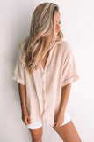 Beige Loose V Neck Button Short Sleeve Shirt