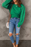Green Textured Bubble Sleeve Knit Sweater