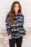 Blue Tribal Print Pocket Buttoned Sherpa Jacket