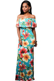 Turquoise Roses Print Off-the-shoulder Maxi Dress