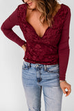 Lace Contrast Deep V Neck Slim Top