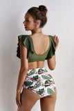 Floral Ruffled Hem High Waist Bikini Set