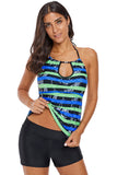 Striped Leaf Print Keyhole Halter Swim Top