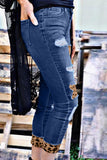 Distressed Leopard Patches Blue Skinny Jeans
