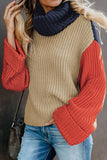 Khaki Long Sleeve Turtleneck Color Block Pullover Knit Sweater