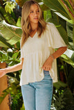 Beige V-Neck Crochet Detail Babydoll Top