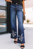 Dark Wash Daisy Print High Waist Flare Jeans