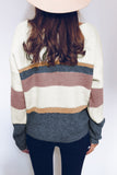 V Neck Button Closure Colorblock Knit Sweater