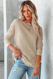 Crew Neck Ribbed Trim Waffle Knit Top