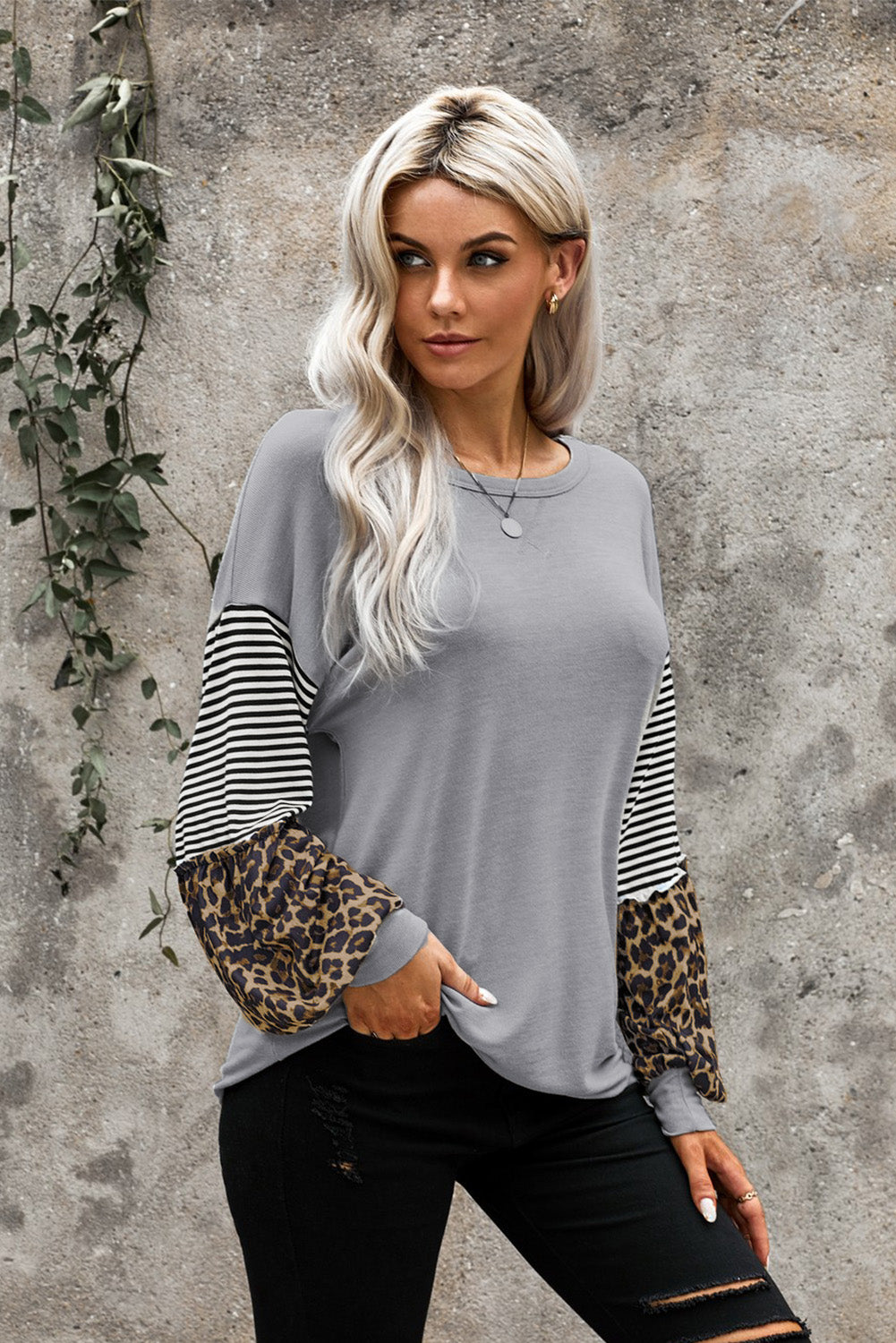 Khaki Leopard Striped Print Sleeve Colorblock Top