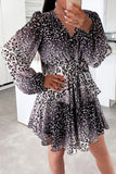 Leopard Buttoned Tie Waist Ruffle Puff Sleeve Mini Dress