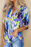 Tie Dye Button Tab-Sleeve V-Neck Blouse