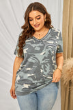 Sequined V Neckline Camo Plus Size T-shirt