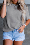 Buttons Short Sleeve Crew Neck Waffle Knit Top