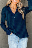 Navy Striped Ribbed Knit Polo Top