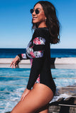 Leaves Print Zip-up Long Sleeve Surf Rash Guard Swimwear