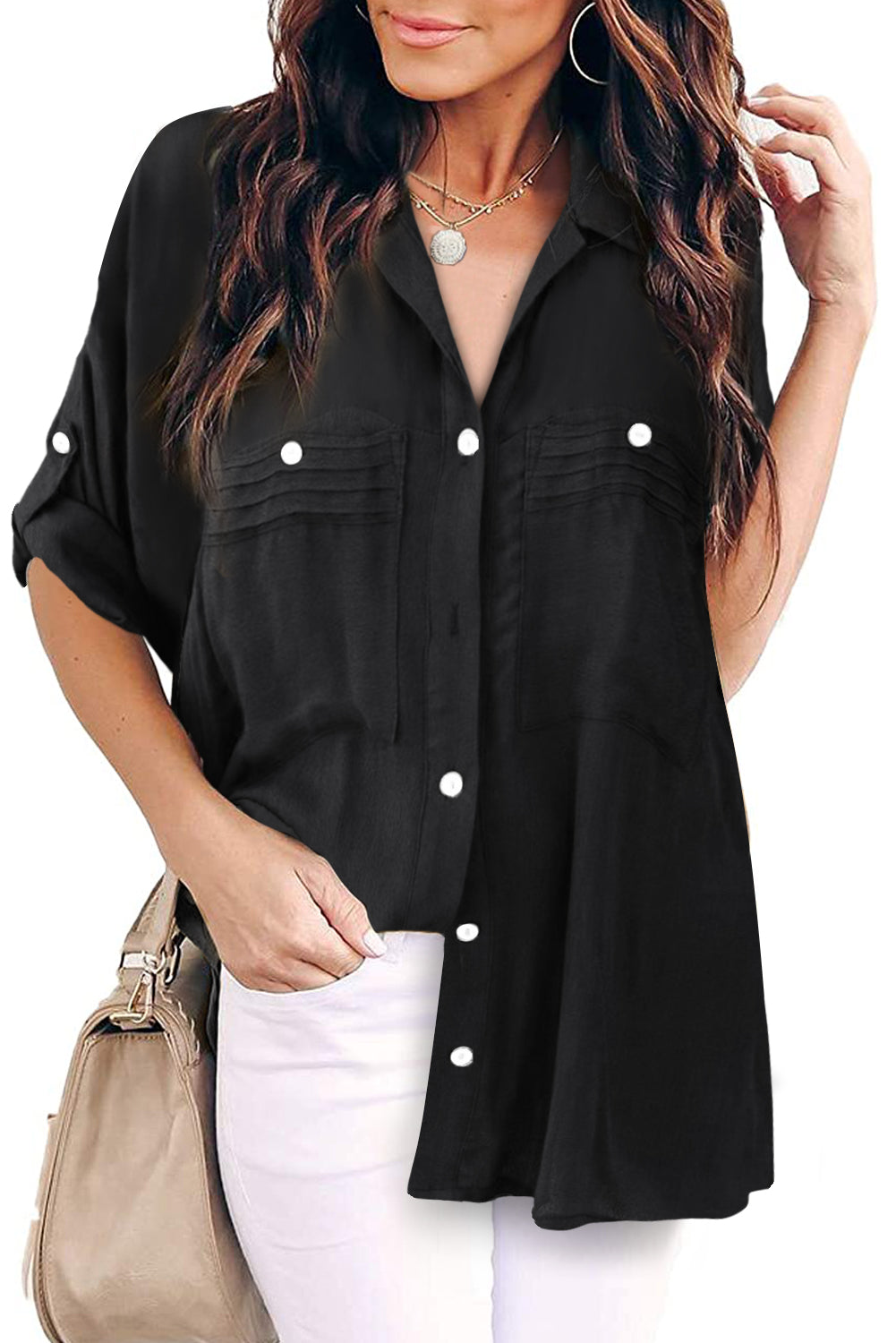 Solid Pocket Long Sleeve Button-up Shirt