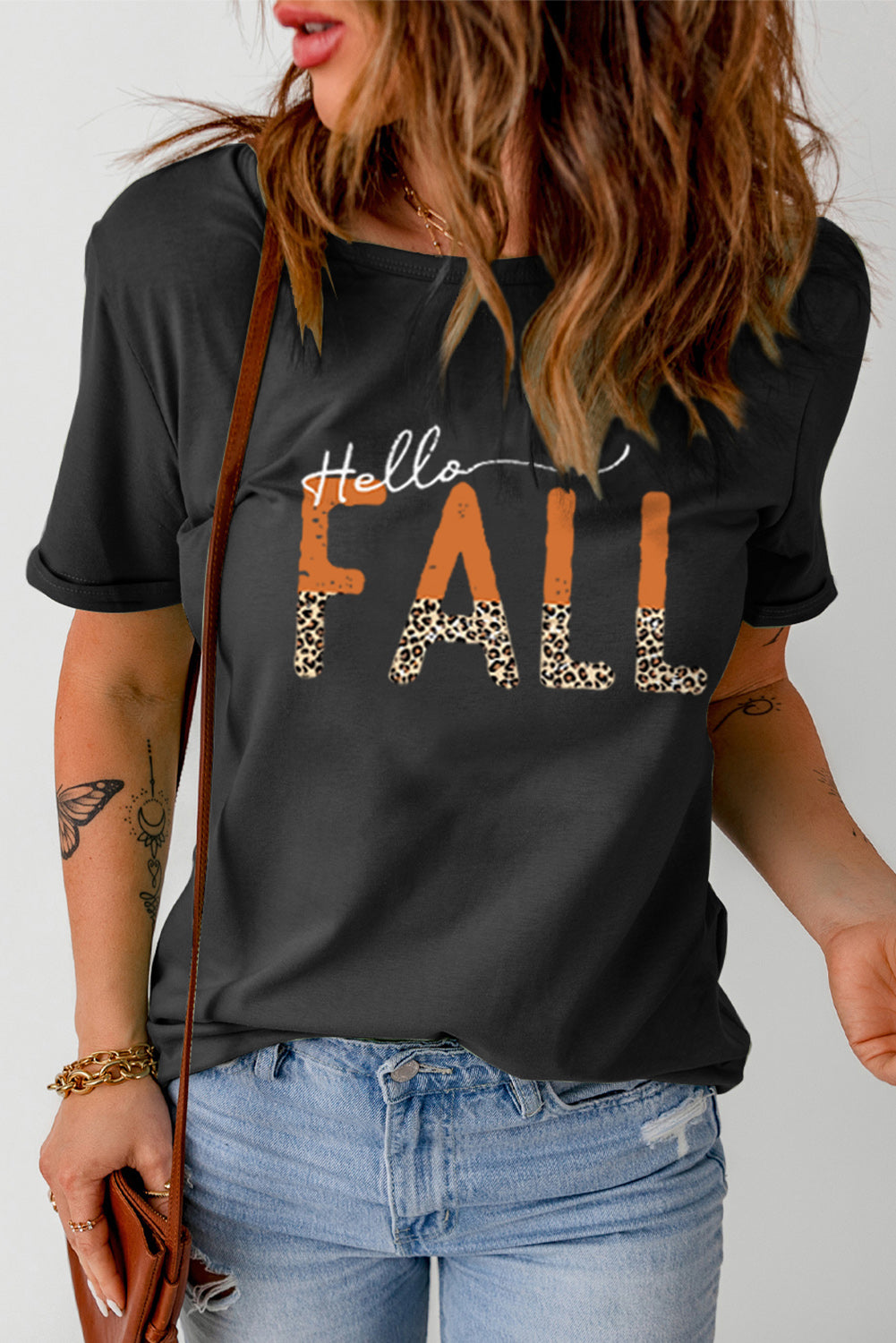 Black Hello Fall Leopard Fun Graphic T Shirt