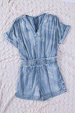 V Neck Smocked Waist Pocketed Chambray Romper