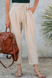 Beige Drawstring Pocketed Straight Leg Denim Pants
