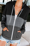 Zip Front Color Block Splicing Drawstring Hoodie