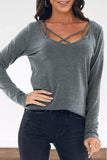 Gray Strappy Neck Detail Long Sleeve Top