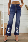 Dark Wash Daisy Print High Waist Flare Jeans