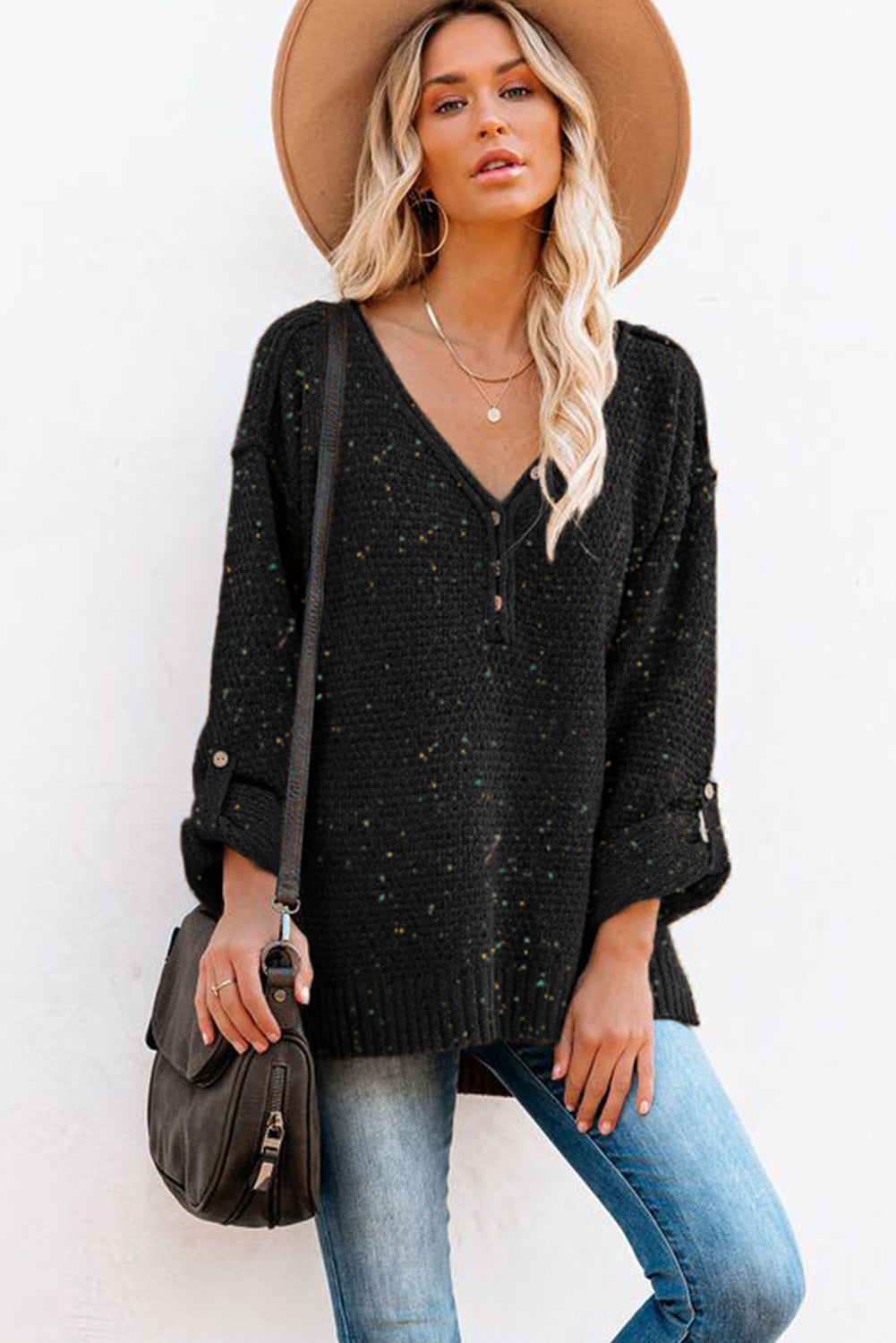 Buttoned Drop Shoulder Knitted Sweater