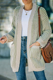 Green Ribbed Striped Open Front Cardigan with Pockets