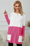 Khaki Colorblock Casual Long Sleeve Tunic with Pockets
