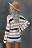 Pink Casual Loose Bell Sleeves Striped Knit Sweater