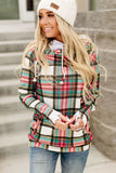 Multicolor Cowl Neck Plaid Drawstring Hoodie with Thumb Hole