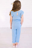 Little Girls Ruffled Shoulder Keyhole Back Jumpsuit with Pockets